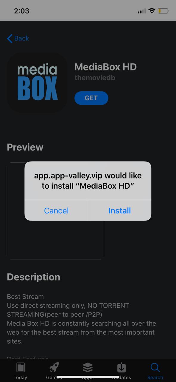 Tap on Install Mediabox HD Appvalley